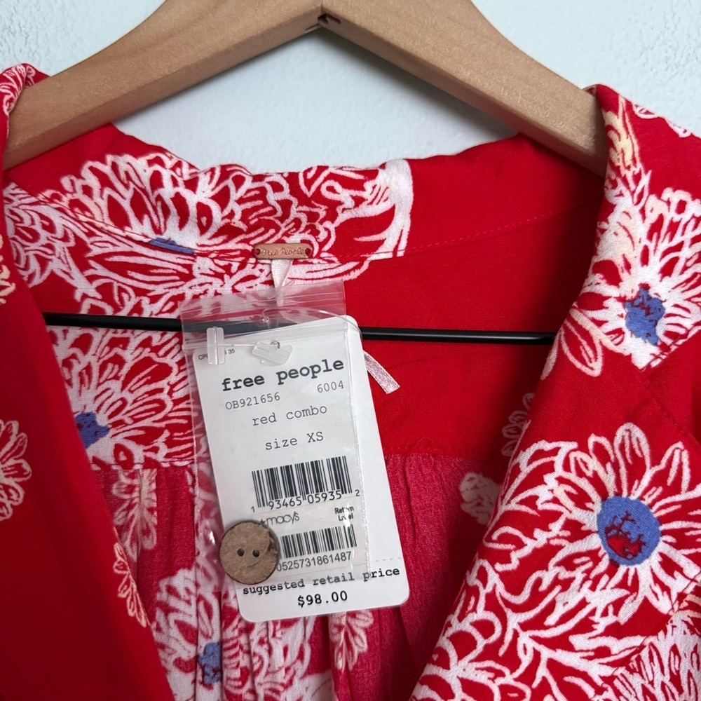 Free People Blue Hawaii Red Floral Print Short Sleeve Mini Dress - Picture 7 of 8